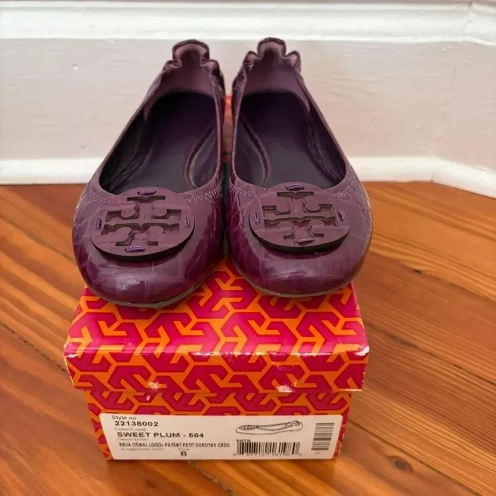 Tory Burch Reva Tonal Logo Patent Petit Dorothy Croc Ballet Flats in Sweet Plum